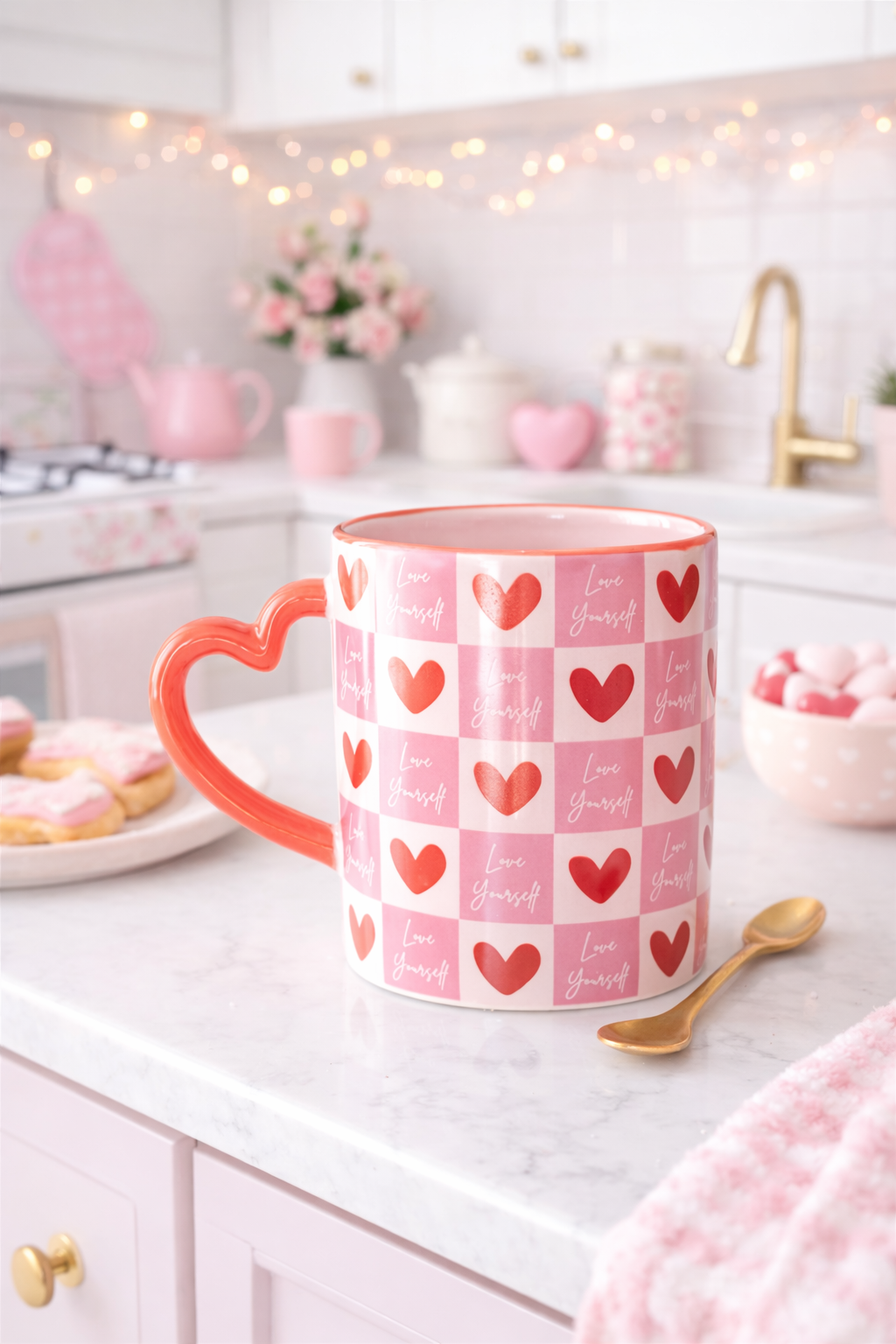 Love Yourself Checkered Heart Handle Ceramic Mug